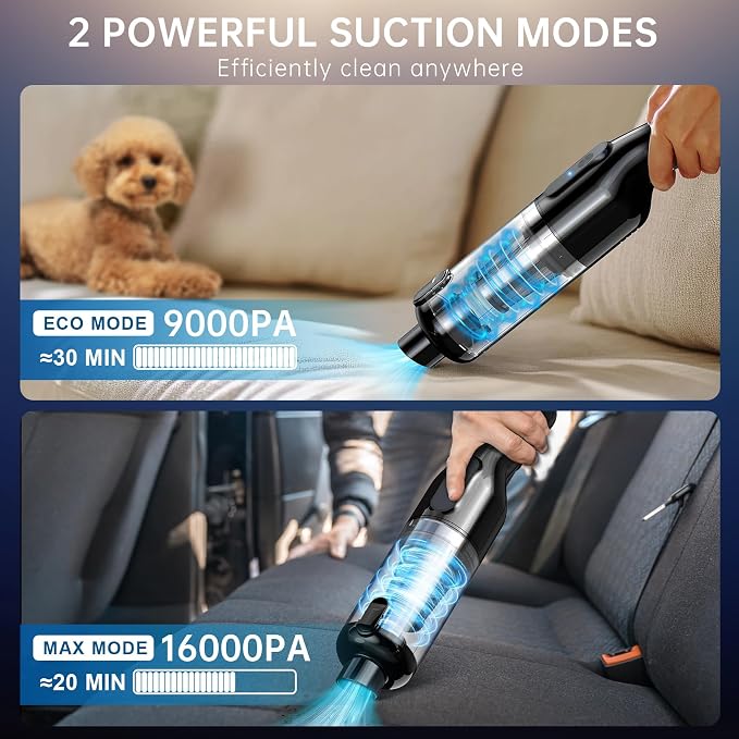 Handheld Vacuum Cordless, Car Vacuum with 16000Pa Powerful Suction, Lightweight at 1.3 lbs, Type-C Charge, Multiple