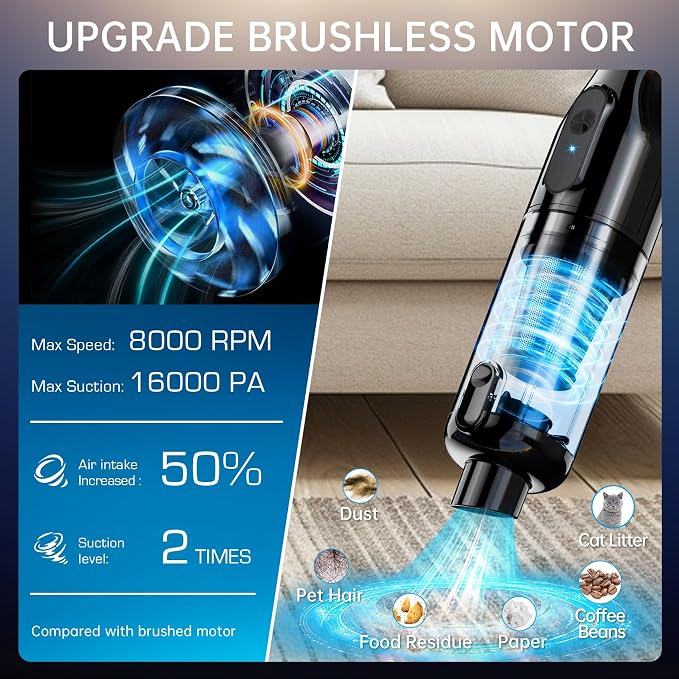 Handheld Vacuum Cordless, Car Vacuum with 16000Pa Powerful Suction, Lightweight at 1.3 lbs, Type-C Charge, Multiple
