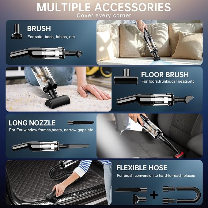 Handheld Vacuum Cordless, Car Vacuum with 16000Pa Powerful Suction, Lightweight at 1.3 lbs, Type-C Charge, Multiple