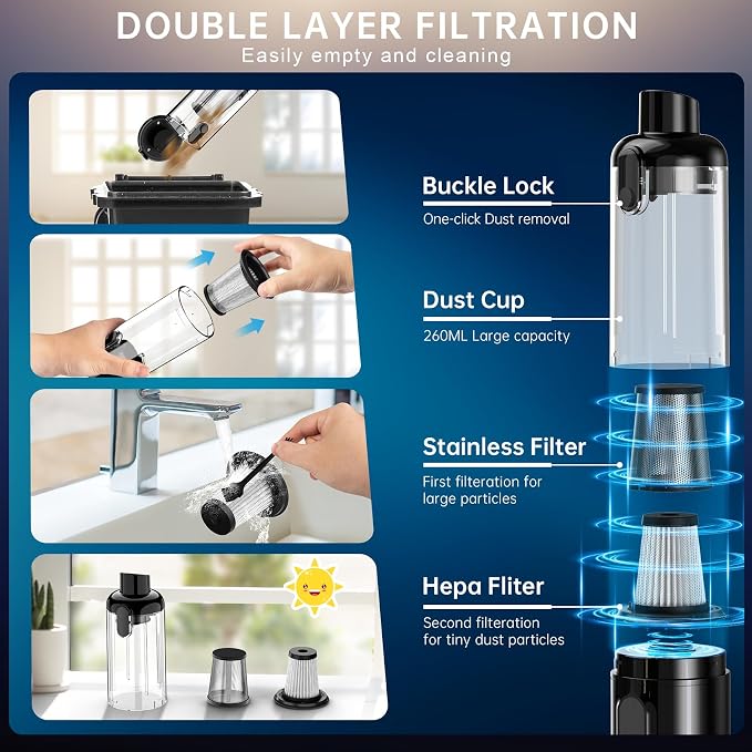 Handheld Vacuum Cordless, Car Vacuum with 16000Pa Powerful Suction, Lightweight at 1.3 lbs, Type-C Charge, Multiple