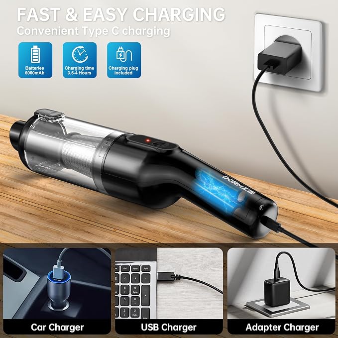 Handheld Vacuum Cordless, Car Vacuum with 16000Pa Powerful Suction, Lightweight at 1.3 lbs, Type-C Charge, Multiple