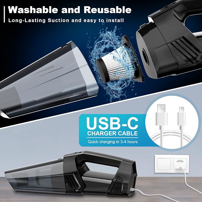 Handheld Vacuum Cordless Portable Car Vacuum with LED Light, High Power Suction, 3 in 1, Lightweight Rechargeable Hand