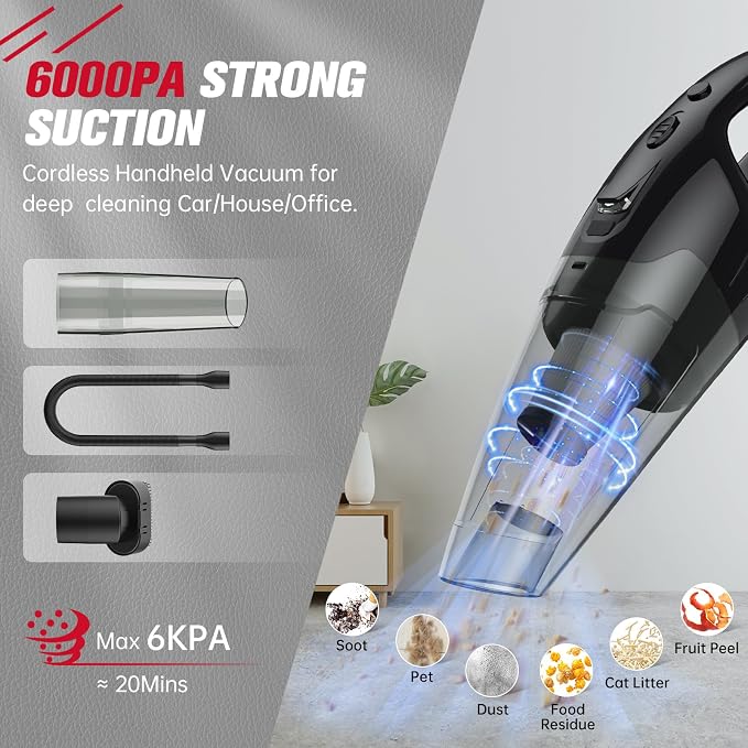 Handheld Vacuum Cordless Rechargeable 3-in-1, Car Vacuum Portable Cordless with USB Charge, Handheld Vacuum with LED Light