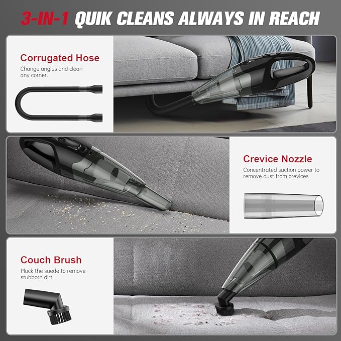 Handheld Vacuum Cordless Rechargeable 3-in-1, Car Vacuum Portable Cordless with USB Charge, Handheld Vacuum with LED Light