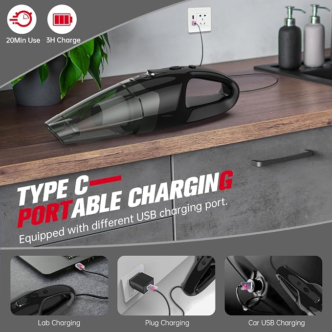 Handheld Vacuum Cordless Rechargeable 3-in-1, Car Vacuum Portable Cordless with USB Charge, Handheld Vacuum with LED Light