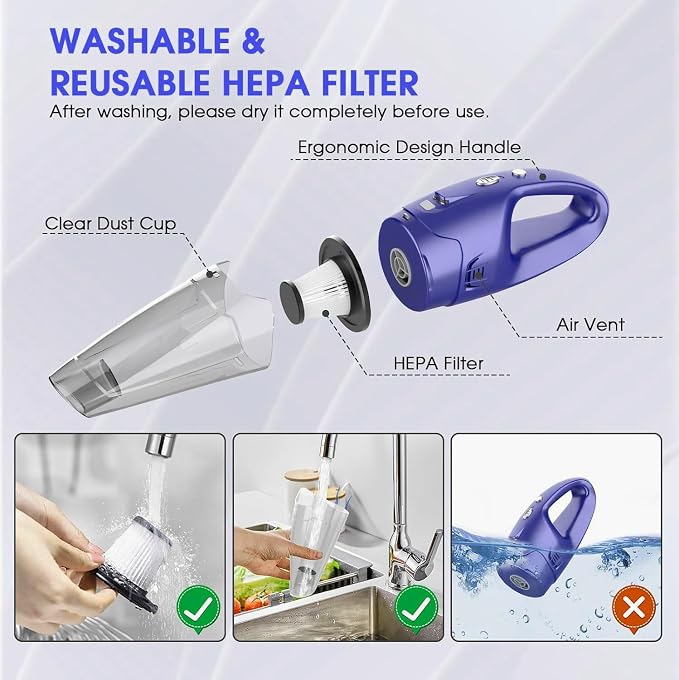 Handheld Vacuum Cordless Rechargeable – 6000Pa Mini Hand Held Vacuum, LED Light, 20–25 Mins Runtime, USB Charging, 500ML Cup