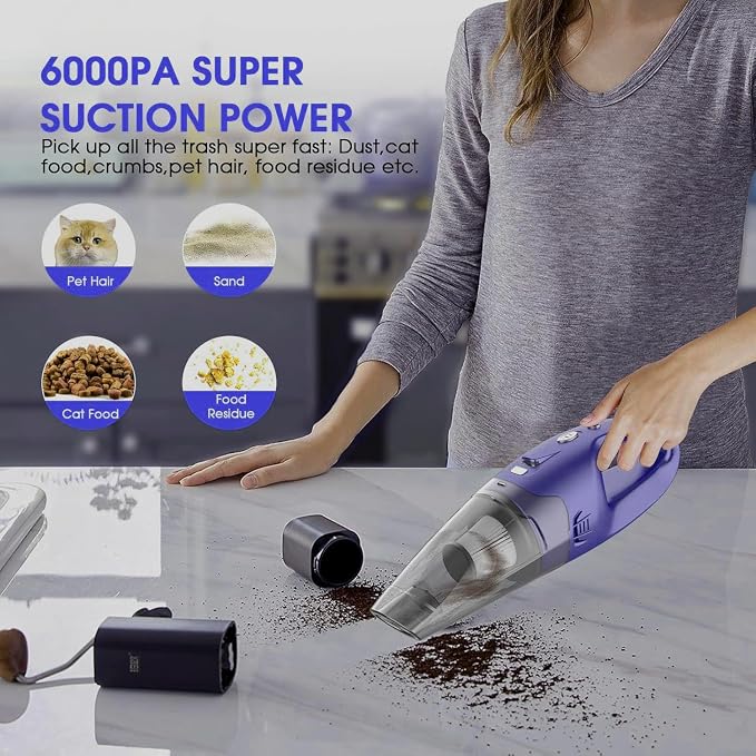 Handheld Vacuum Cordless Rechargeable – 6000Pa Mini Hand Held Vacuum, LED Light, 20–25 Mins Runtime, USB Charging, 500ML Cup