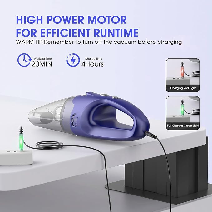 Handheld Vacuum Cordless Rechargeable – 6000Pa Mini Hand Held Vacuum, LED Light, 20–25 Mins Runtime, USB Charging, 500ML Cup