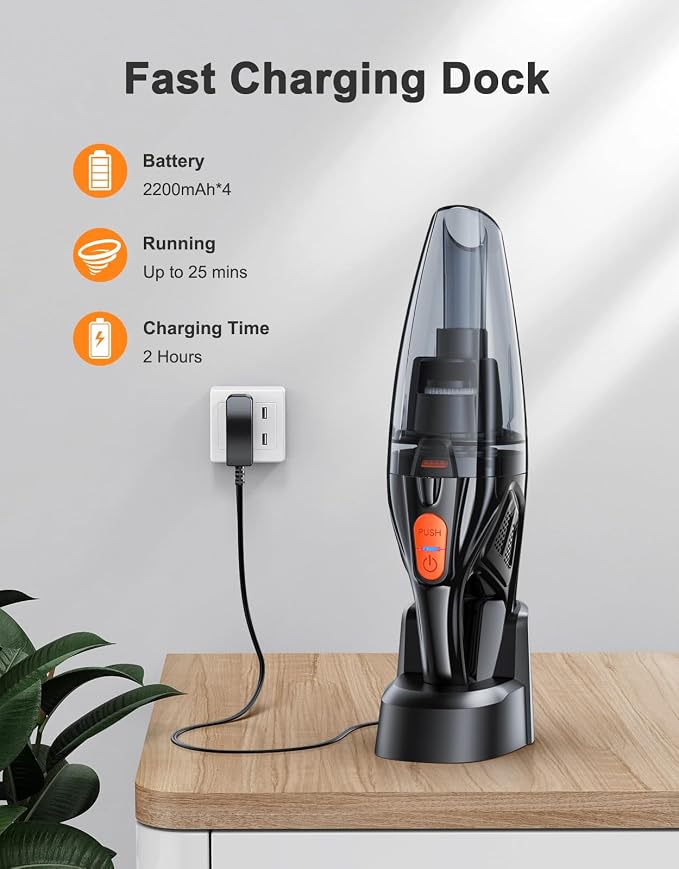 Handheld Vacuum Cordless Rechargeable 9KPA - [2H Fast Charging Dock] Portable Car Vacuum Cleaner High Power Suction with LED