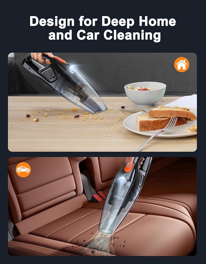 Handheld Vacuum Cordless Rechargeable 9KPA - [2H Fast Charging Dock] Portable Car Vacuum Cleaner High Power Suction with LED