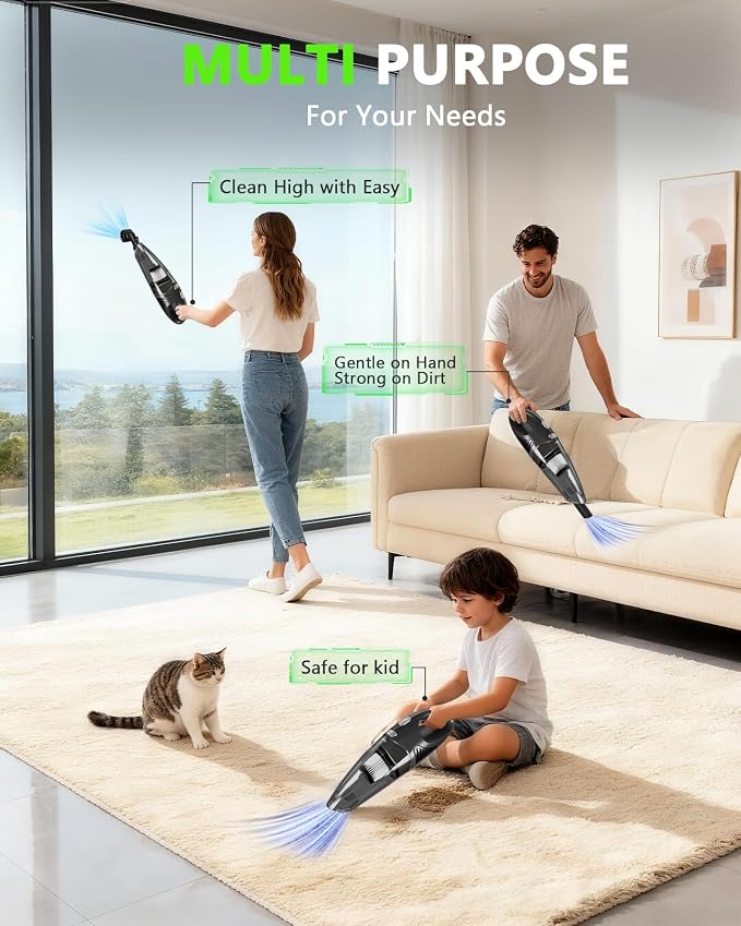 Handheld Vacuum Cordless, Rechargeable Car Vacuum Cleaner with Multiple Attachments, Portable Hand Held Vacuum Suction Power