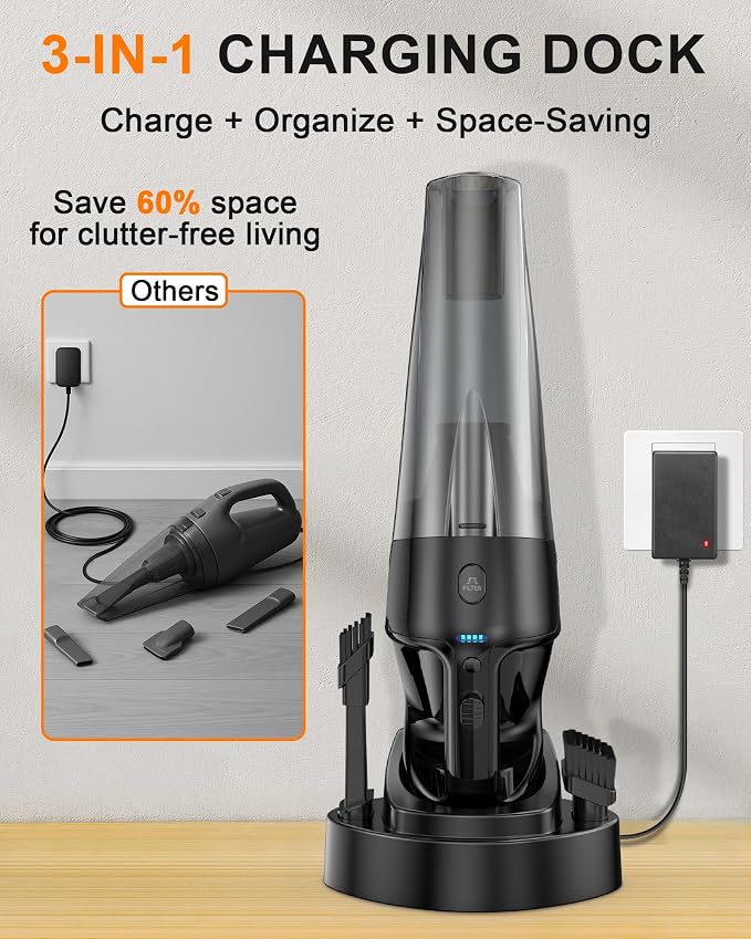 Handheld Vacuum Cordless Rechargeable with Charging Dock - 16000Pa Ultra-Strong Suction, Portable & Lightweight, Fast