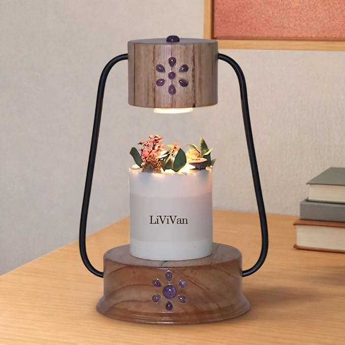 Handmade Candle Warmer Lamp with Quartz Stone Inlay, Flameless Top Melter, Small Timer Candle Lamp Warmer, Fits All Candles