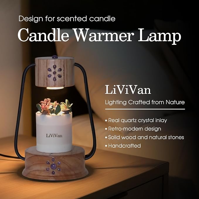 Handmade Candle Warmer Lamp with Quartz Stone Inlay, Flameless Top Melter, Small Timer Candle Lamp Warmer, Fits All Candles