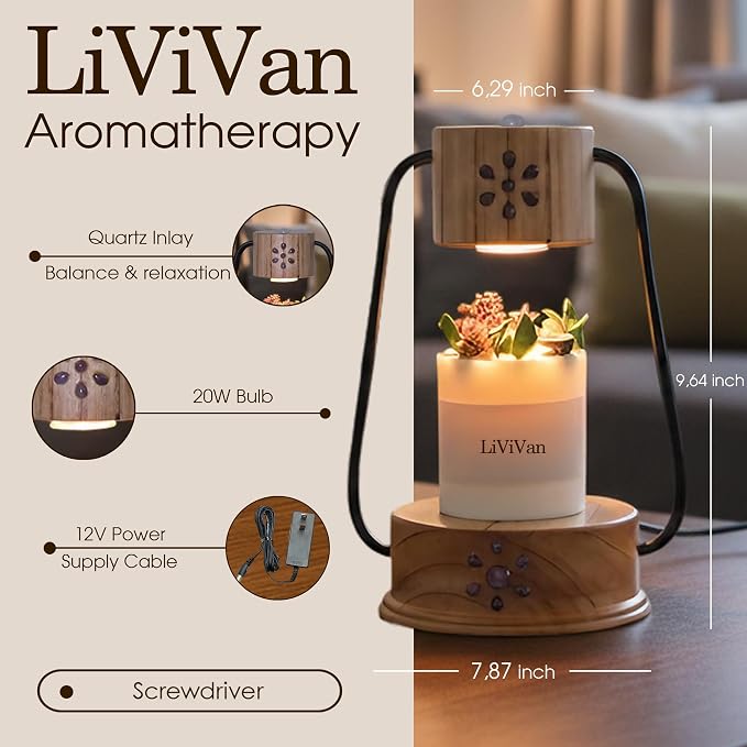 Handmade Candle Warmer Lamp with Quartz Stone Inlay, Flameless Top Melter, Small Timer Candle Lamp Warmer, Fits All Candles
