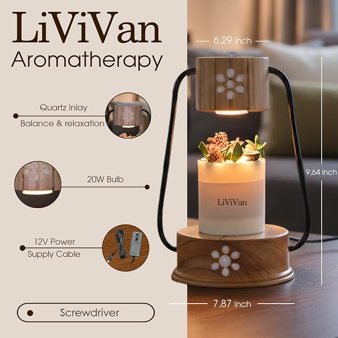 Handmade Candle Warmer Lamp with Quartz Stone Inlay, Flameless Top Melter, Small Timer Candle Lamp Warmer, Fits, alternate