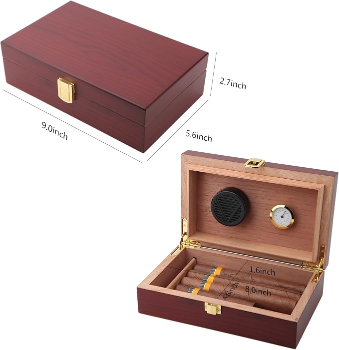 Handmade Cigar Humidor Cigar Box Wood Humidor Holds 10-20 Cigars Desktop Box Humidor with Hygrometer and Humidifier