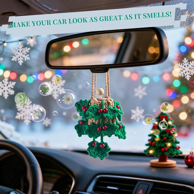 Handmade Crochet Car Air Freshener - Crochet hanging holly plants with 12ml Empty Refillable Oil Diffuser Bottle, alternate