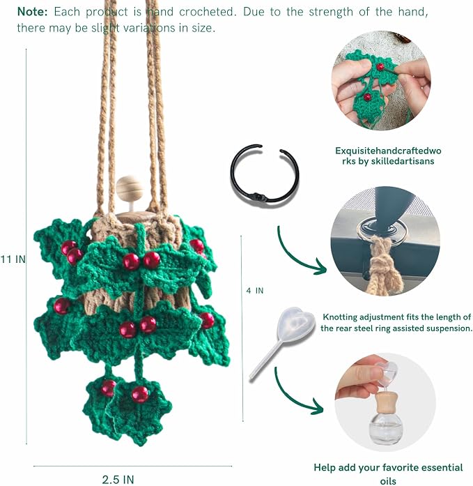 Handmade Crochet Car Air Freshener - Crochet hanging holly plants with 12ml Empty Refillable Oil Diffuser Bottle, alternate