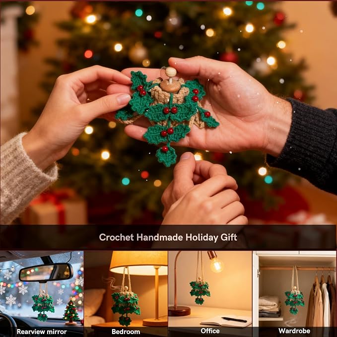 Handmade Crochet Car Air Freshener - Crochet hanging holly plants with 12ml Empty Refillable Oil Diffuser Bottle, alternate