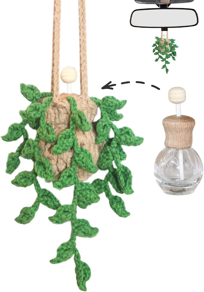 Handmade Crochet Hanging Car Air Freshener,12ml Empty Refillable Oil Diffuser Bottle with Crochet Hanging succulents Plant