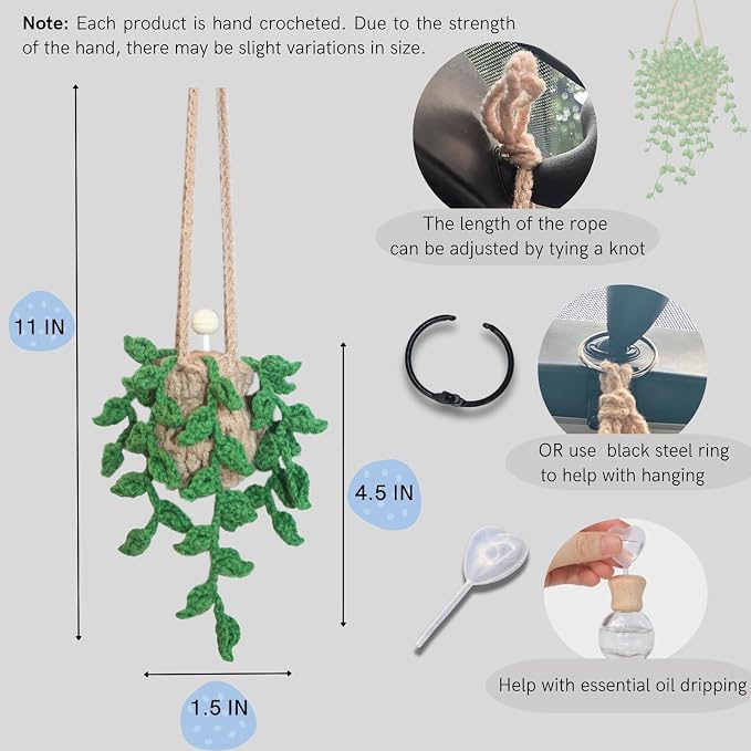 Handmade Crochet Hanging Car Air Freshener,12ml Empty Refillable Oil Diffuser Bottle with Crochet Hanging succulents Plant
