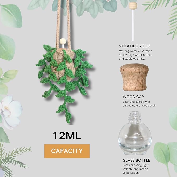Handmade Crochet Hanging Car Air Freshener,12ml Empty Refillable Oil Diffuser Bottle with Crochet Hanging succulents Plant