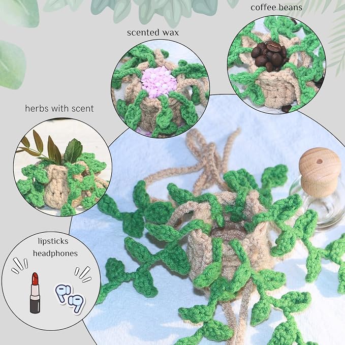 Handmade Crochet Hanging Car Air Freshener,12ml Empty Refillable Oil Diffuser Bottle with Crochet Hanging succulents Plant