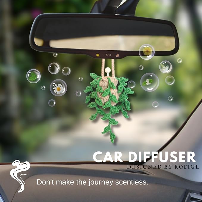 Handmade Crochet Hanging Car Air Freshener,12ml Empty Refillable Oil Diffuser Bottle with Crochet Hanging succulents Plant