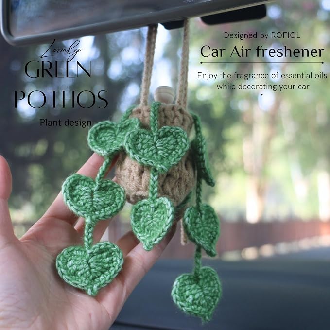 Handmade Crochet Hanging Car Air Freshener- Lifelike Green Pothos for Hanging with 12ml Thick Refillable Glass Diffuser