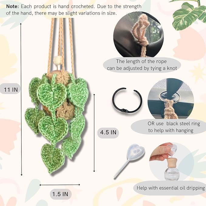 Handmade Crochet Hanging Car Air Freshener- Lifelike Green Pothos for Hanging with 12ml Thick Refillable Glass Diffuser