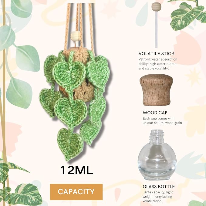 Handmade Crochet Hanging Car Air Freshener- Lifelike Green Pothos for Hanging with 12ml Thick Refillable Glass Diffuser