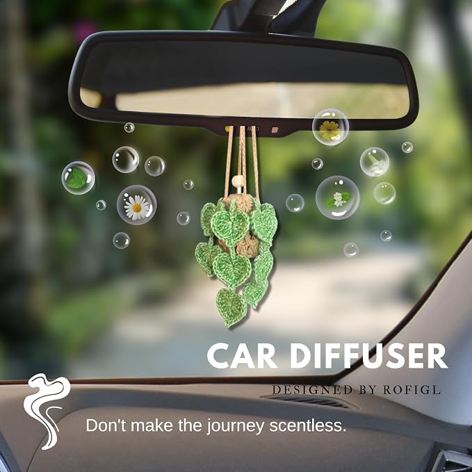 Handmade Crochet Hanging Car Air Freshener- Lifelike Green Pothos for Hanging with 12ml Thick Refillable Glass Diffuser