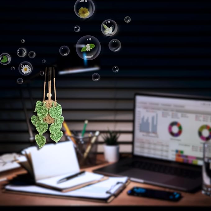 Handmade Crochet Hanging Car Air Freshener- Lifelike Green Pothos for Hanging with 12ml Thick Refillable Glass Diffuser