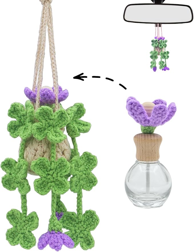 Handmade Crochet Hanging Car Air Freshener - Lucky 4-Leaf Clover Charm with 12ml Refillable Glass Essential Oil Diffuser