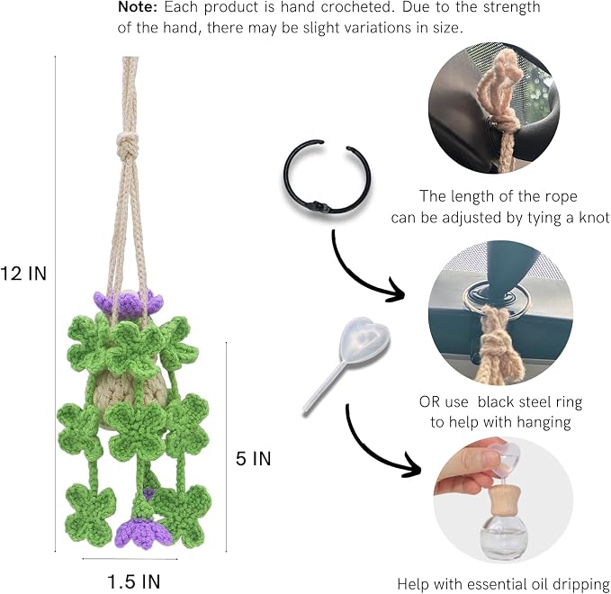 Handmade Crochet Hanging Car Air Freshener - Lucky 4-Leaf Clover Charm with 12ml Refillable Glass Essential Oil Diffuser
