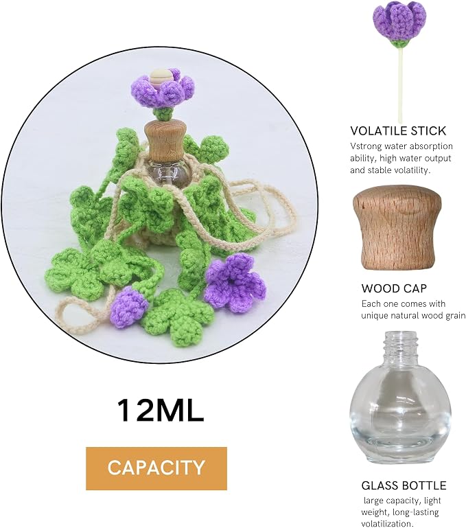 Handmade Crochet Hanging Car Air Freshener - Lucky 4-Leaf Clover Charm with 12ml Refillable Glass Essential Oil Diffuser