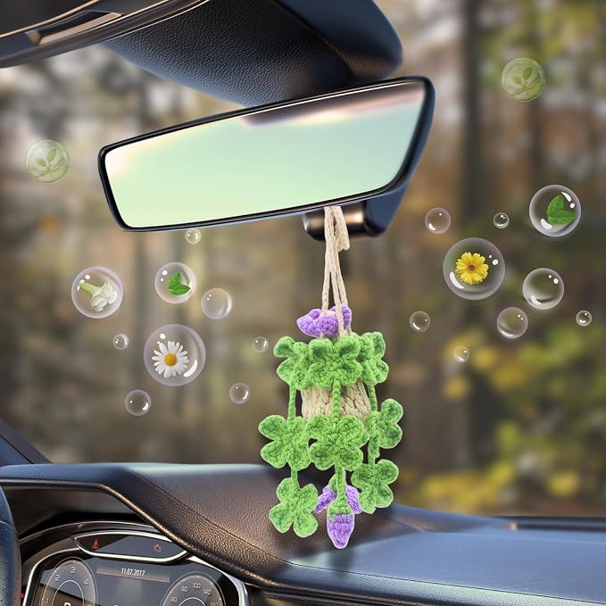 Handmade Crochet Hanging Car Air Freshener - Lucky 4-Leaf Clover Charm with 12ml Refillable Glass Essential Oil Diffuser