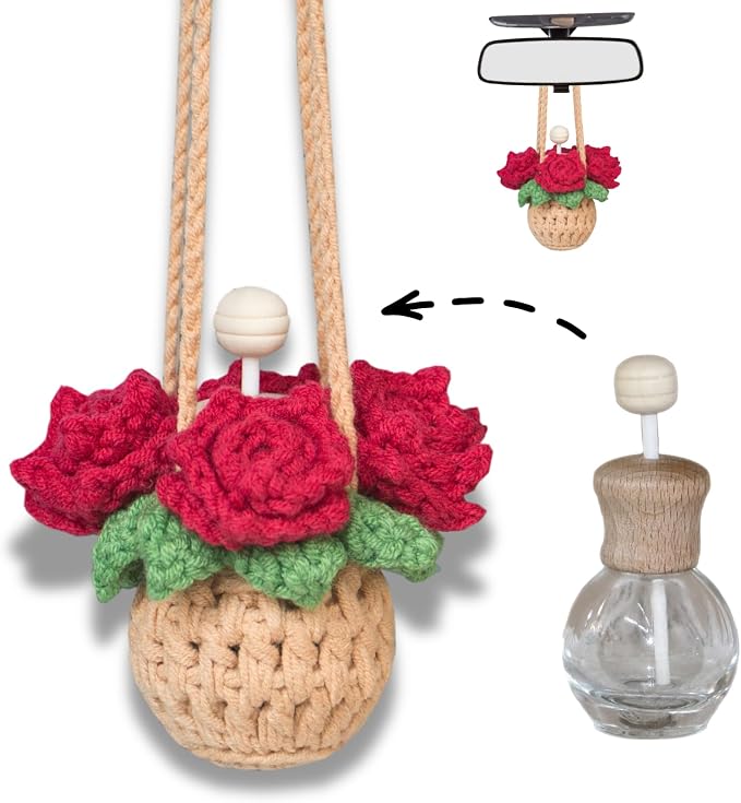 Handmade Crochet Hanging Car Air Freshener - Romantic Red Rose Design, 12ml Refillable Thick Glass Bottle, product image