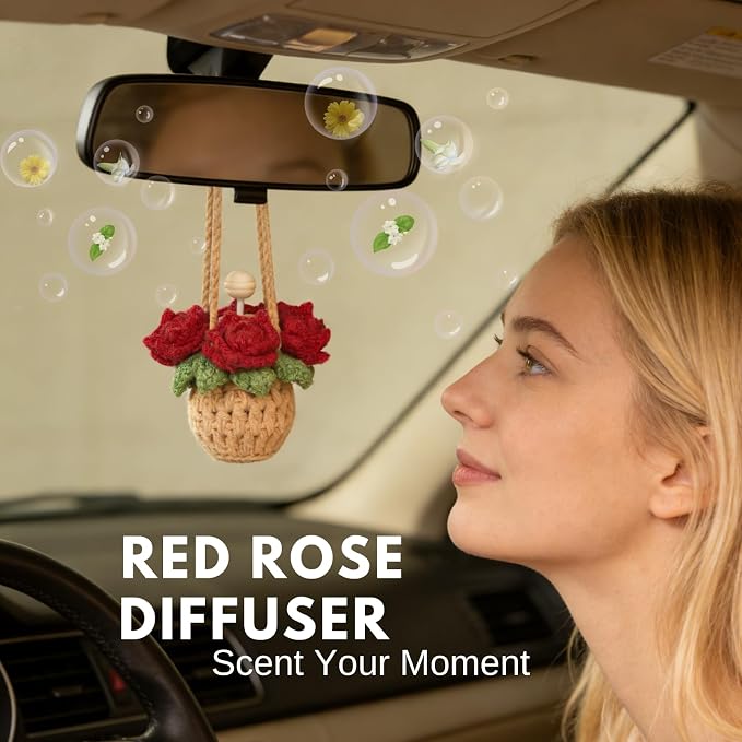Handmade Crochet Hanging Car Air Freshener - Romantic Red Rose Design, 12ml Refillable Thick Glass Bottle, alternate product