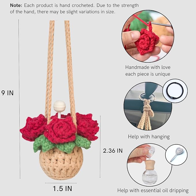 Handmade Crochet Hanging Car Air Freshener - Romantic Red Rose Design, 12ml Refillable Thick Glass Bottle, alternate product