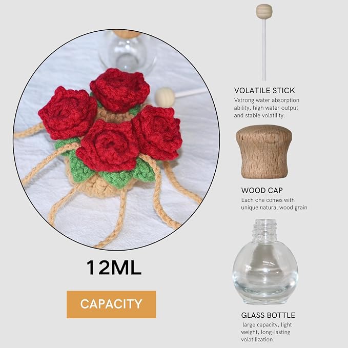 Handmade Crochet Hanging Car Air Freshener - Romantic Red Rose Design, 12ml Refillable Thick Glass Bottle, alternate product