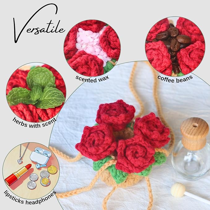 Handmade Crochet Hanging Car Air Freshener - Romantic Red Rose Design, 12ml Refillable Thick Glass Bottle, alternate product
