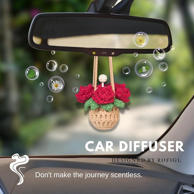 Handmade Crochet Hanging Car Air Freshener - Romantic Red Rose Design, 12ml Refillable Thick Glass Bottle, alternate product