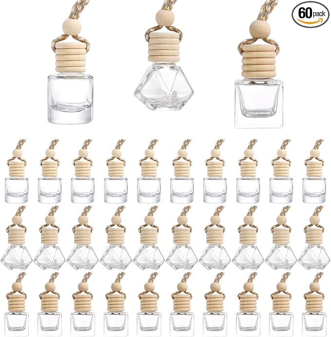 Hanging Car Air Freshener Diffuser, 60Pcs 8ml Empty Glass Essential Pendant Bottles, Automotive Oil Aromatherapy Fragrance