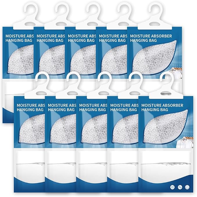 Hanging High-Purity Moisture Absorber, 10 Pack with Activated Carbon, eliminates Musty Odors During humid Summers, Ideal for