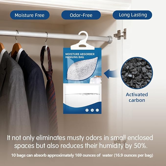 Hanging High-Purity Moisture Absorber, 10 Pack with Activated Carbon, eliminates Musty Odors During humid Summers, Ideal for