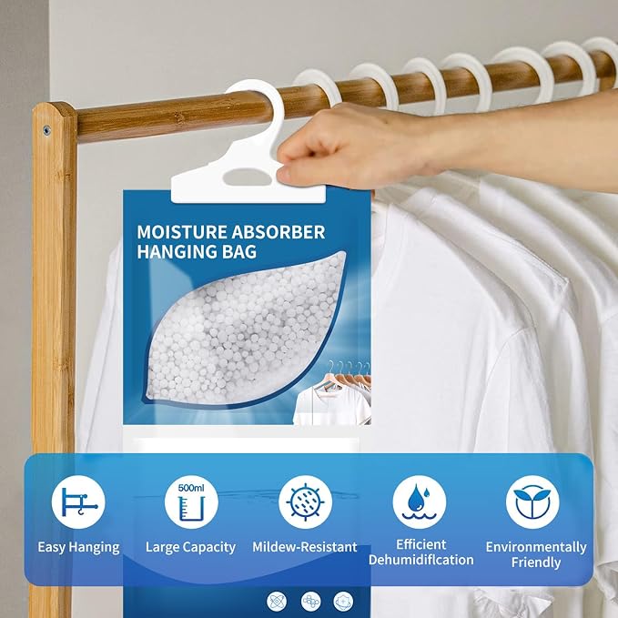 Hanging High-Purity Moisture Absorber, 10 Pack with Activated Carbon, eliminates Musty Odors During humid Summers, Ideal for