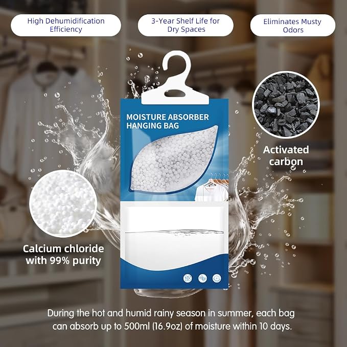 Hanging High-Purity Moisture Absorber, 10 Pack with Activated Carbon, eliminates Musty Odors During humid Summers, Ideal for