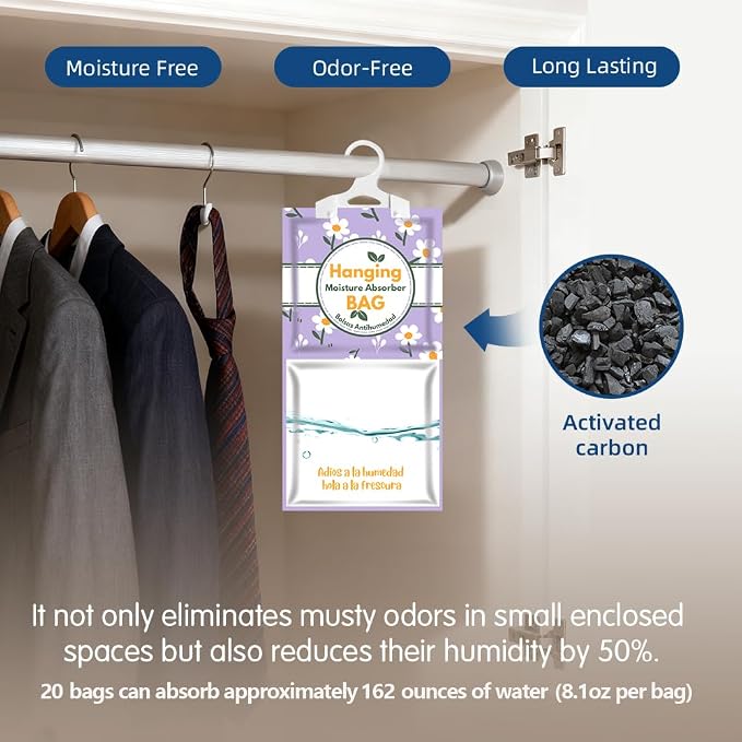 Hanging High-Purity Moisture Absorber, 20 pack with Activated Carbon, eliminates musty odors during humid summers, ideal for